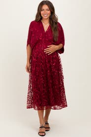 PinkBlush Embroidered Tulle Dolman V-Neck Midi Dress