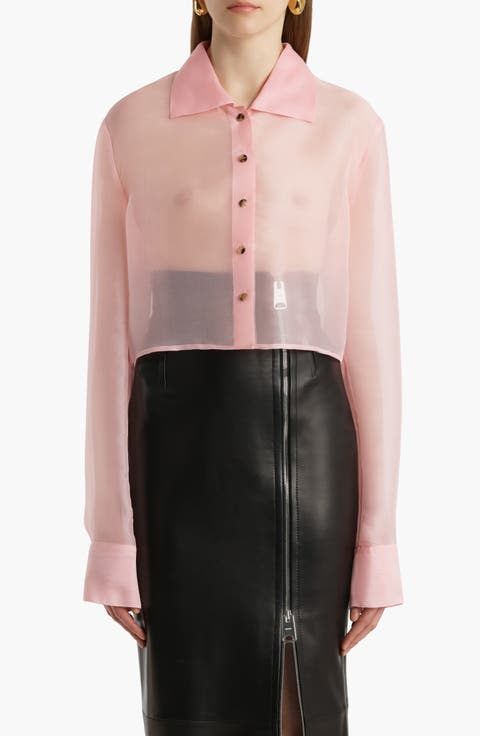 Jasen Silk Organza Crop Button-Up Shirt