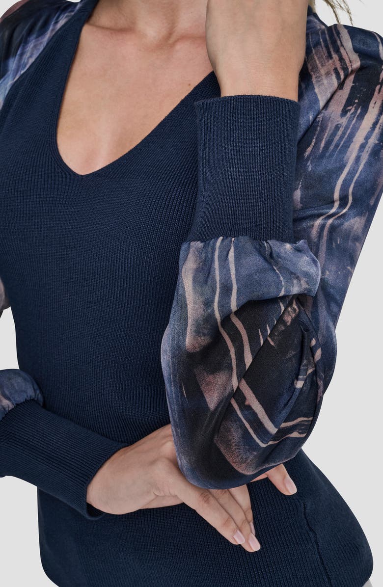 DKNY Printed Sleeve Mixed Media Sweater, Alternate, color, Hudson Blue/Hudson Lights