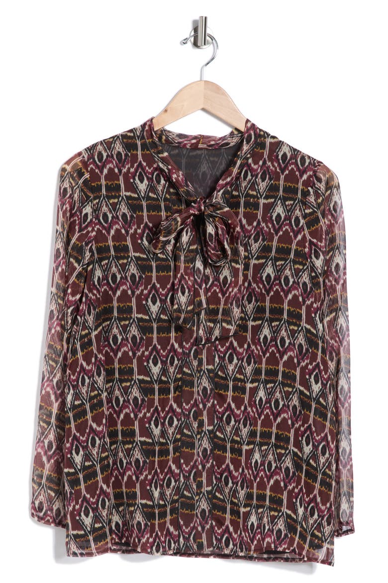 Tie Neck Long Sleeve Silk Shirt, Alternate, color, BURGUNDY