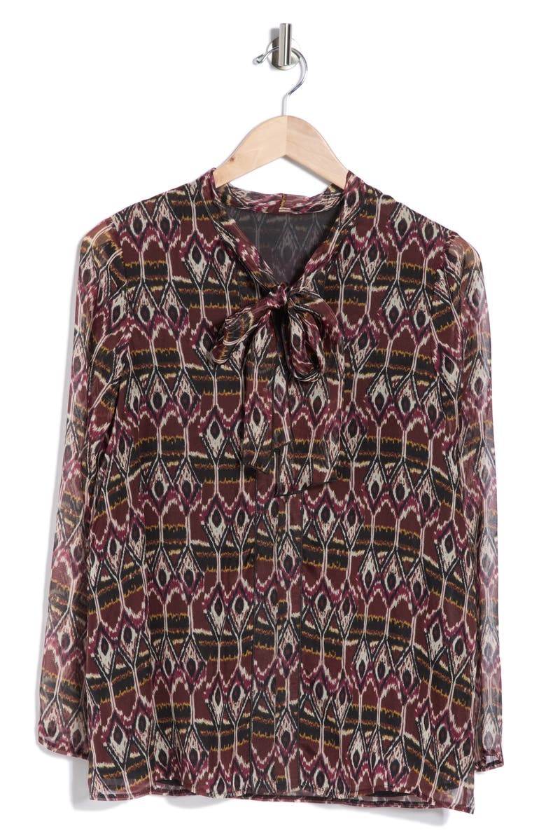 Longchamp Print Bow Neck Silk Blouse, Alternate, color, Burgundy