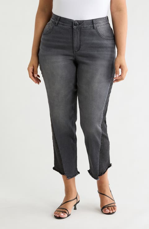 Frayed Step Hem High Waist Ankle Straight Leg Jeans (Plus)