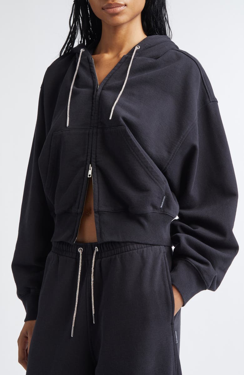 Alexander Wang Rhinestone Drawstring Zip Hoodie, Alternate, color, Black