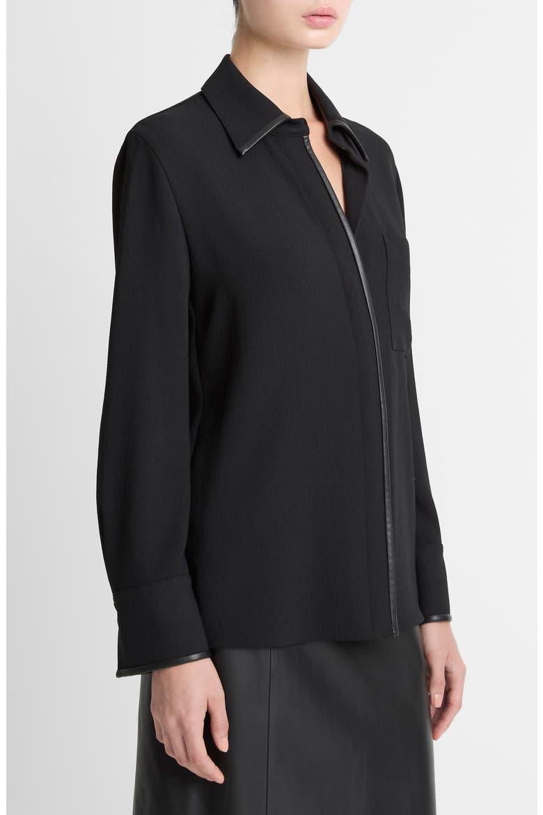 Faux Leather Trim Button-Up Shirt, Alternate, color, BLACK