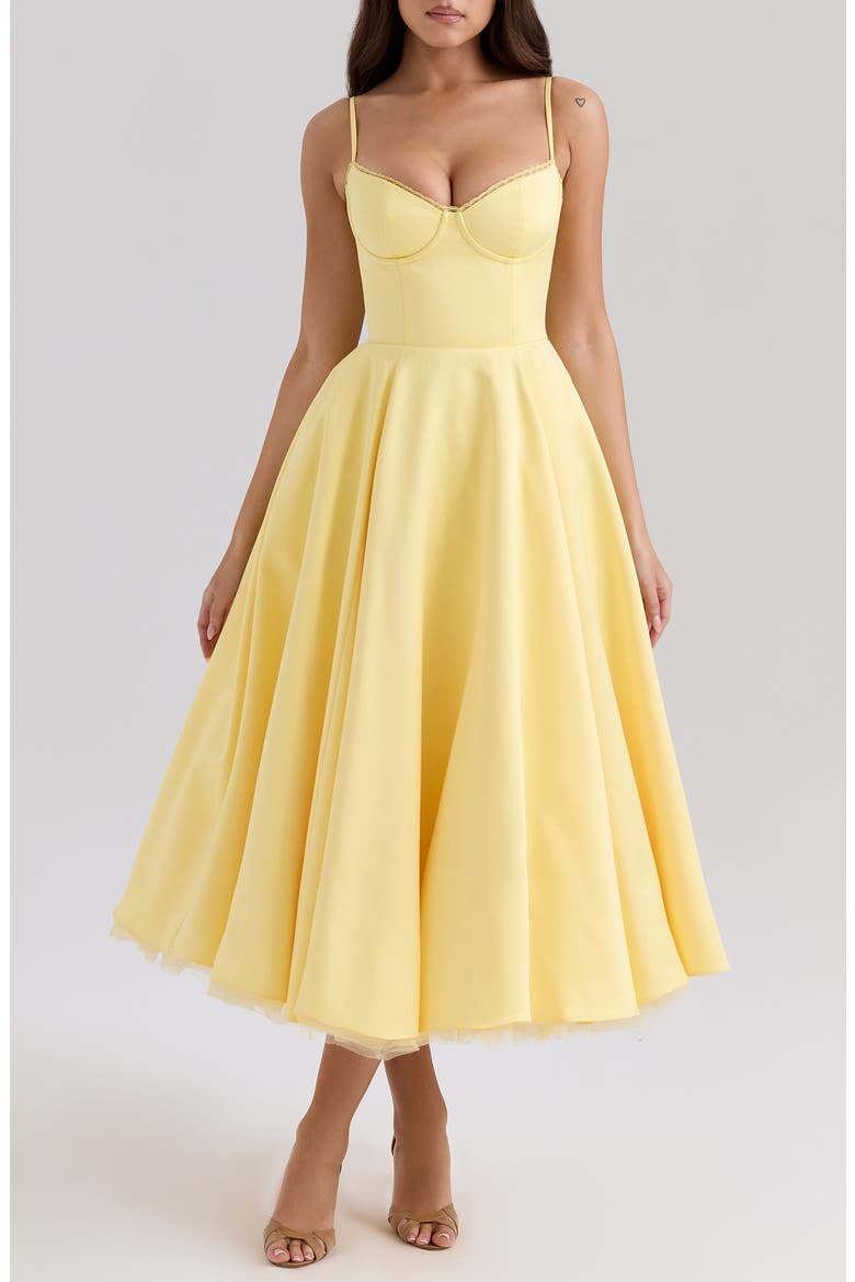 Mademoiselle Bustier Stretch Satin Midi Cocktail Dress, Main, color, SUNSHINE