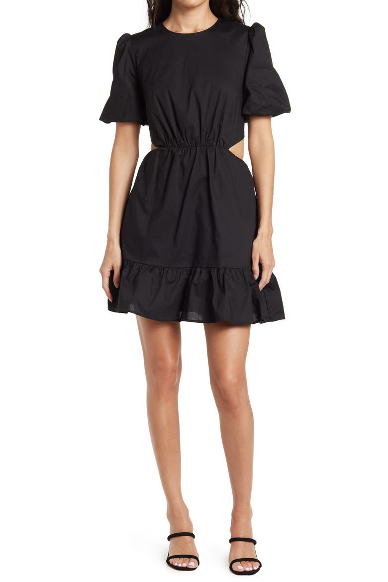 Cutout Short Sleeve Fit & Flare Minidress, Main, color, BLACK