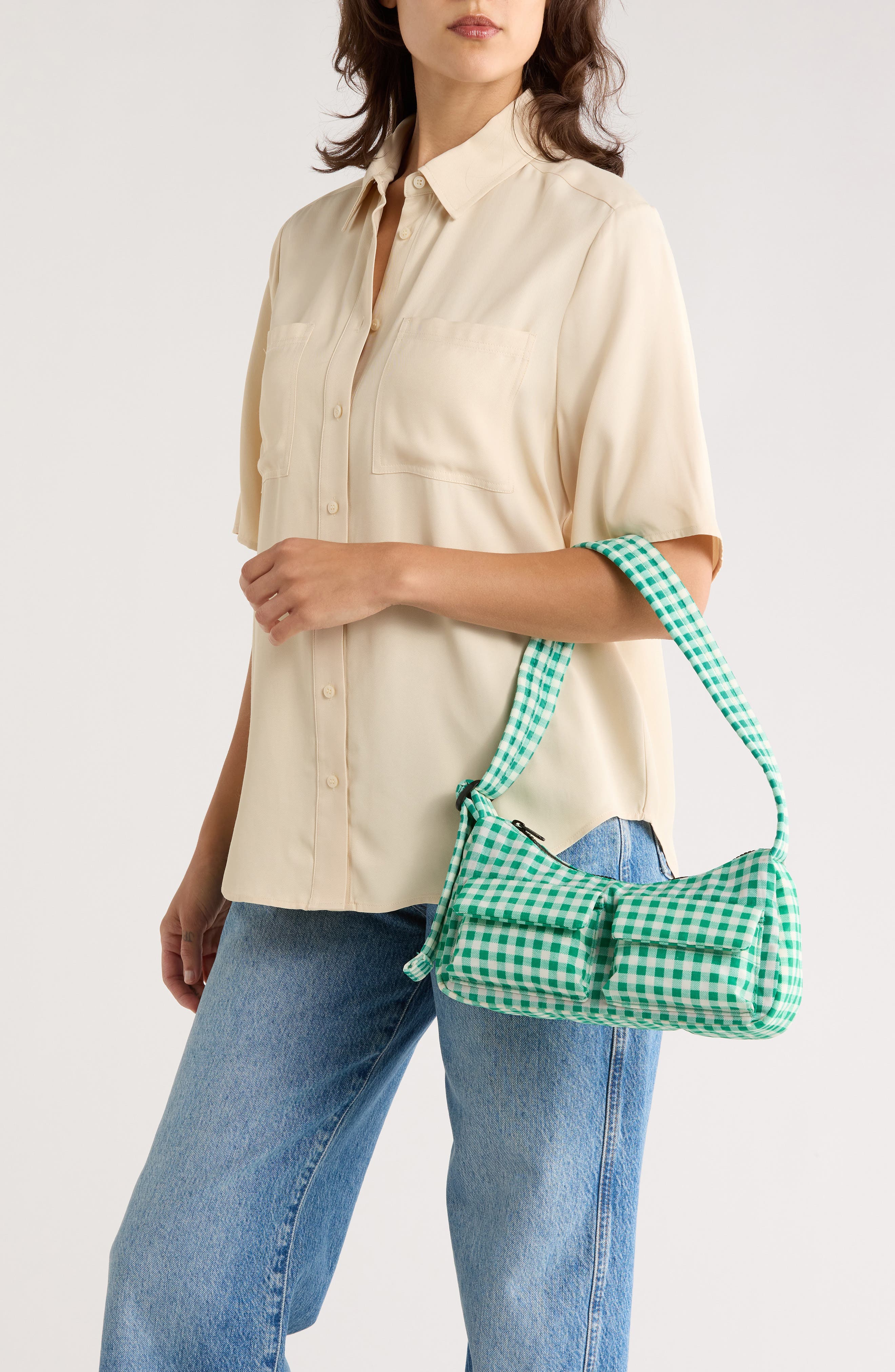 Baggu Cargo Recycled Nylon Shoulder Bag, Alternate, color, Green Gingham