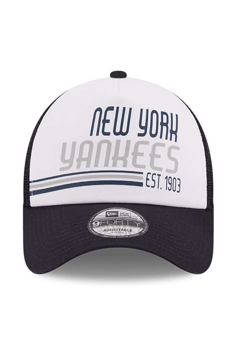 Men's New Era White/Navy New York Yankees Stacked A-Frame Trucker 9FORTY Adjustable Hat, Alternate, color, White