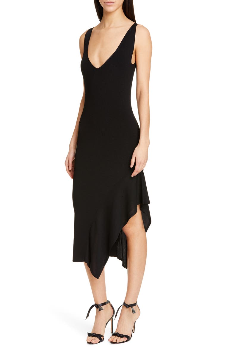 Asymmetrical Ruffle Hem Midi Dress, Alternate, color, BLACK