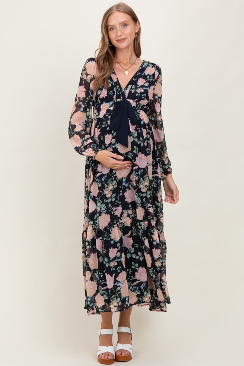 Floral Chiffon Bow Tie Front Maxi Dress, Alternate, color, Navy Blue