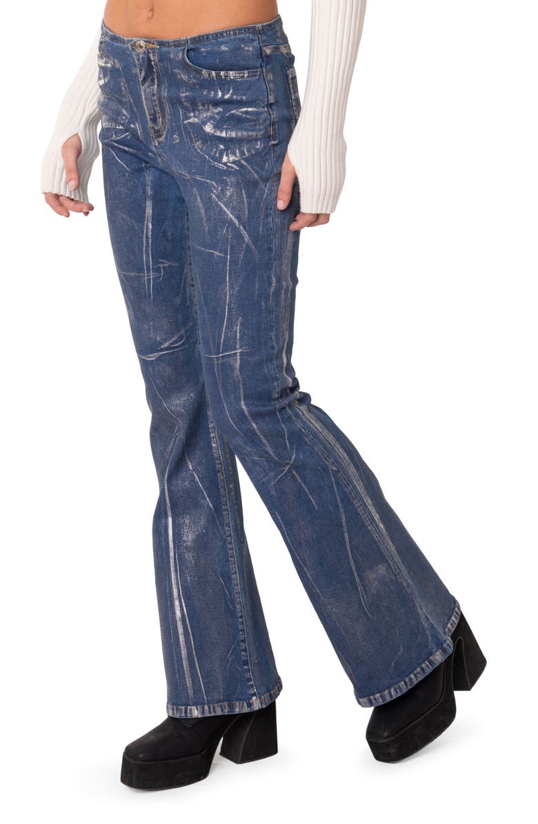 EDIKTED Metallic Coated Low Rise Flare Jeans, Alternate, color, 