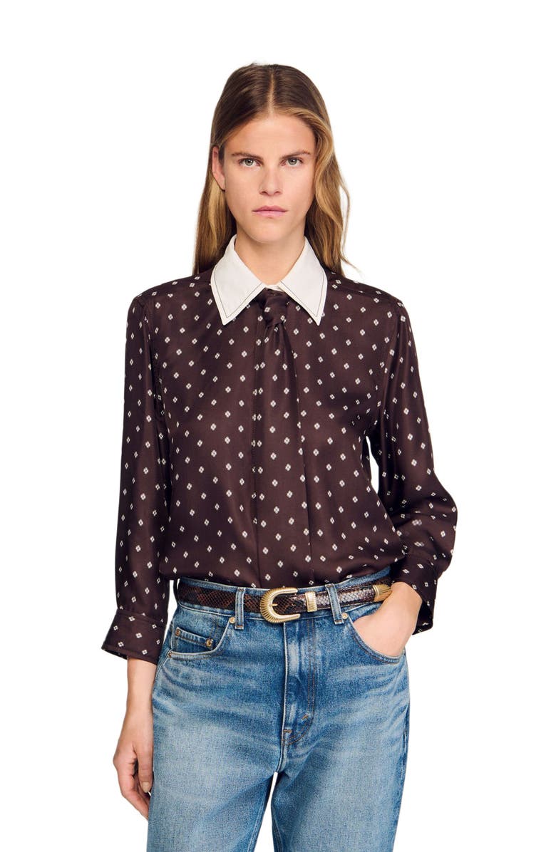 SANDRO Flowy printed shirt with removable tie, Alternate, color, Brown / White