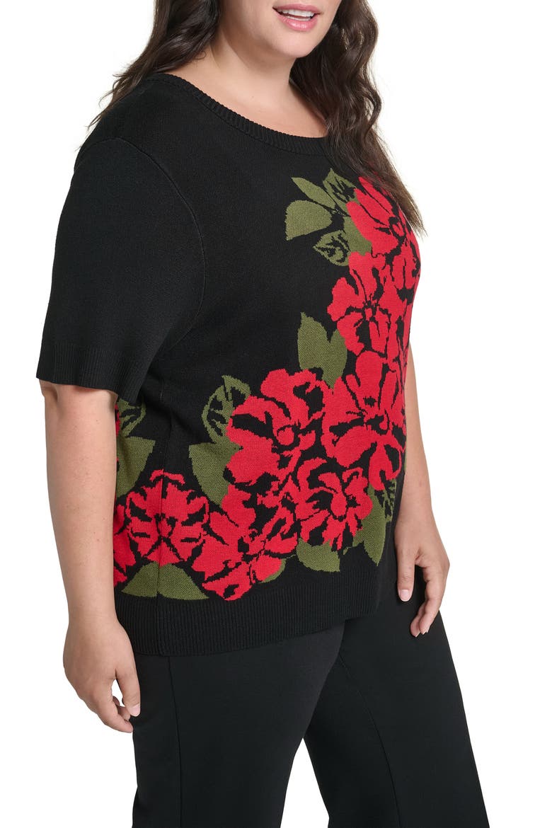 Floral Short Sleeve Sweater, Alternate, color, BLACK/ ADMIRAL RED/ GREEN