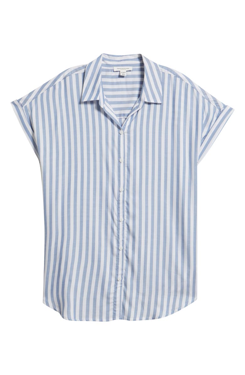 beachlunchlounge Kenzie Stripe Short Sleeve Button-Up Shirt, Alternate, color, Slate Blue