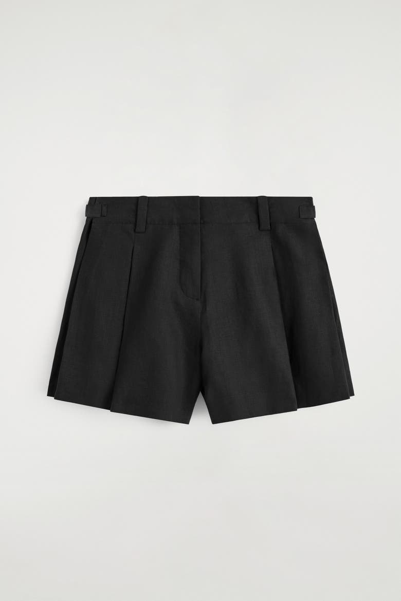 Pleated Belted Linen Shorts, Alternate, color, BLACK