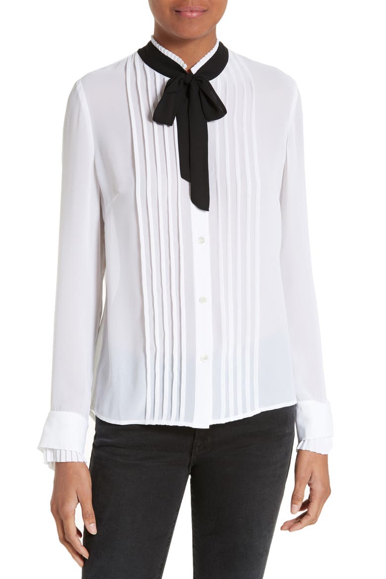 Tie Neck Edwardian Blouse, Main, color, BLANC WITH NOIR TIE