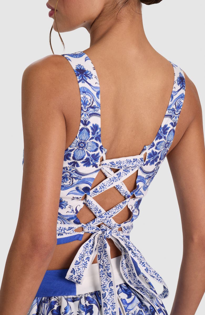 Alice + Olivia Miriam Tie Back Linen Blend Crop Top, Alternate, color, Solstice