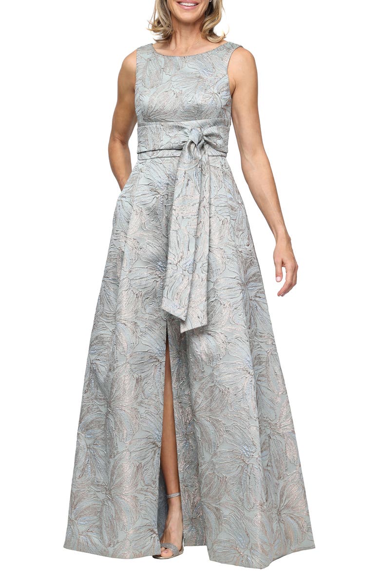 Alex Evenings Printed Sleeveless Jacquard Gown, Main, color, Sage Multi