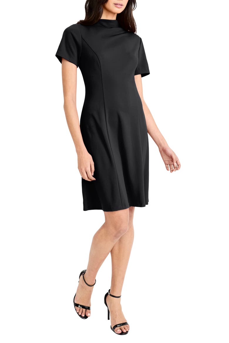 Mock Neck Short Sleeve A-Line Minidress, Alternate, color, BLACK