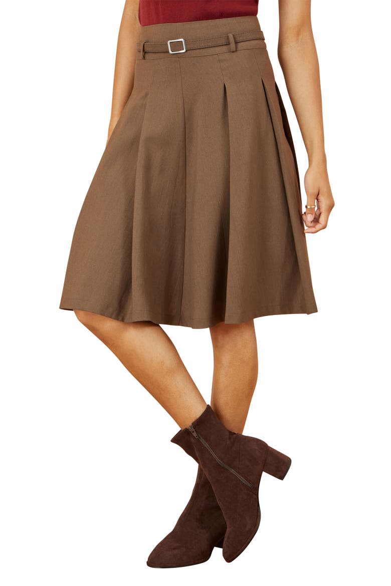 Pleated Midi Skirt With Belt, Alternate, color, Brown