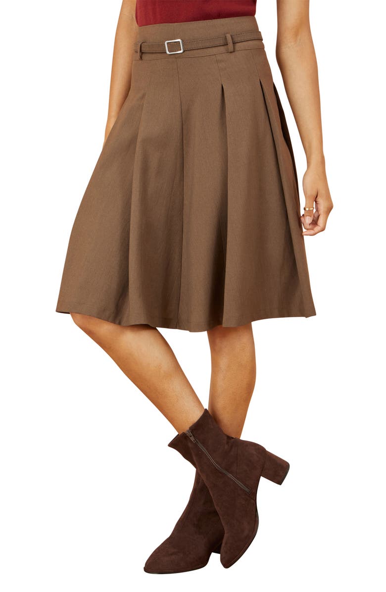 Yumi Pleated Midi Skirt With Belt, Alternate, color, Brown