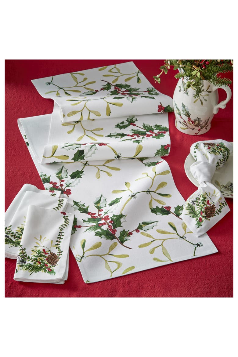 Mistletoe and Holly Table Runner Cotton Winter Decor Multicolor, Main, color, White