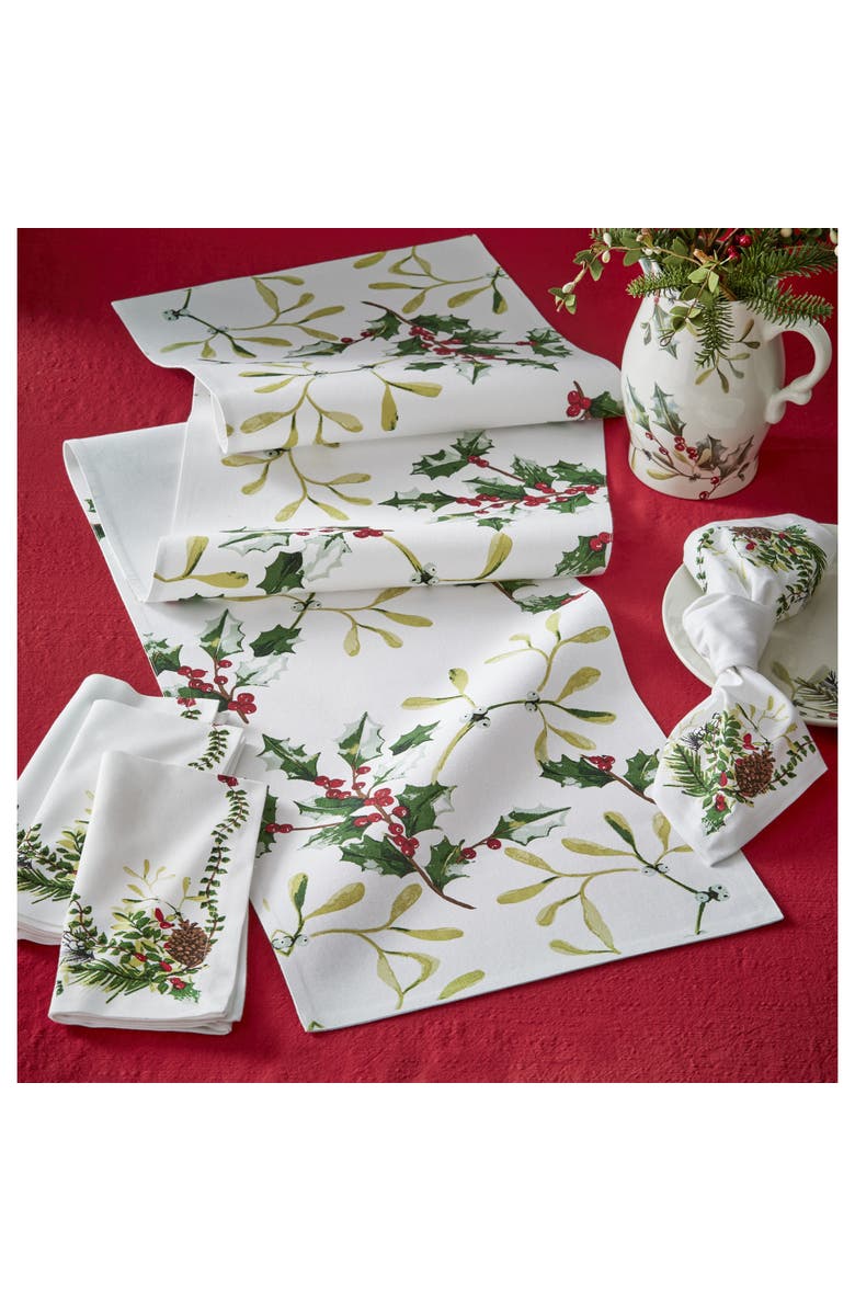 tag Mistletoe and Holly Table Runner Cotton Winter Decor Multicolor, Main, color, Multicolored