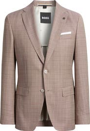 BOSS Hutson Slim Fit Red & Tan Plaid Slub Wool Sport Coat