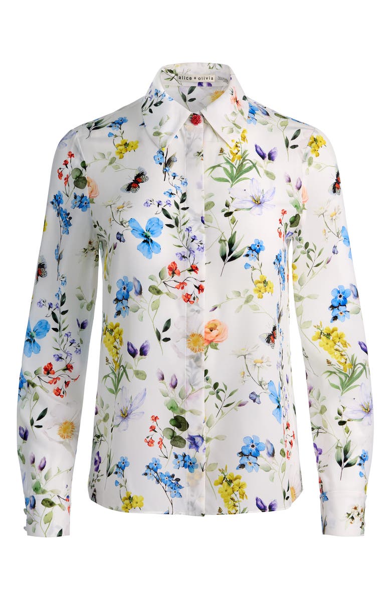 Alice + Olivia Willa Floral Silk Button-Up Shirt, Alternate, color, Twisting Vines Off White