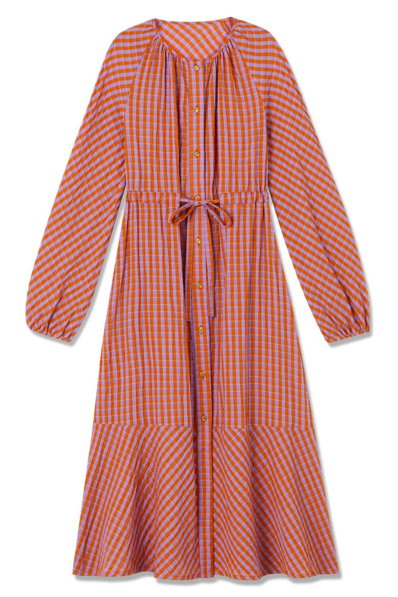 Sophie Check Tie Waist Long Sleeve Midi Dress, Alternate, color, ORANGE