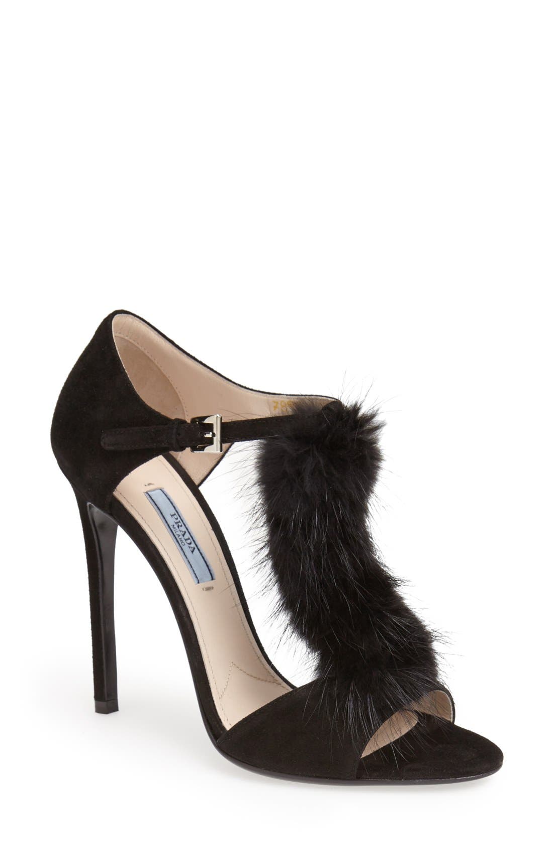 Fur Trimmed Sandal, Main, color, BLACK