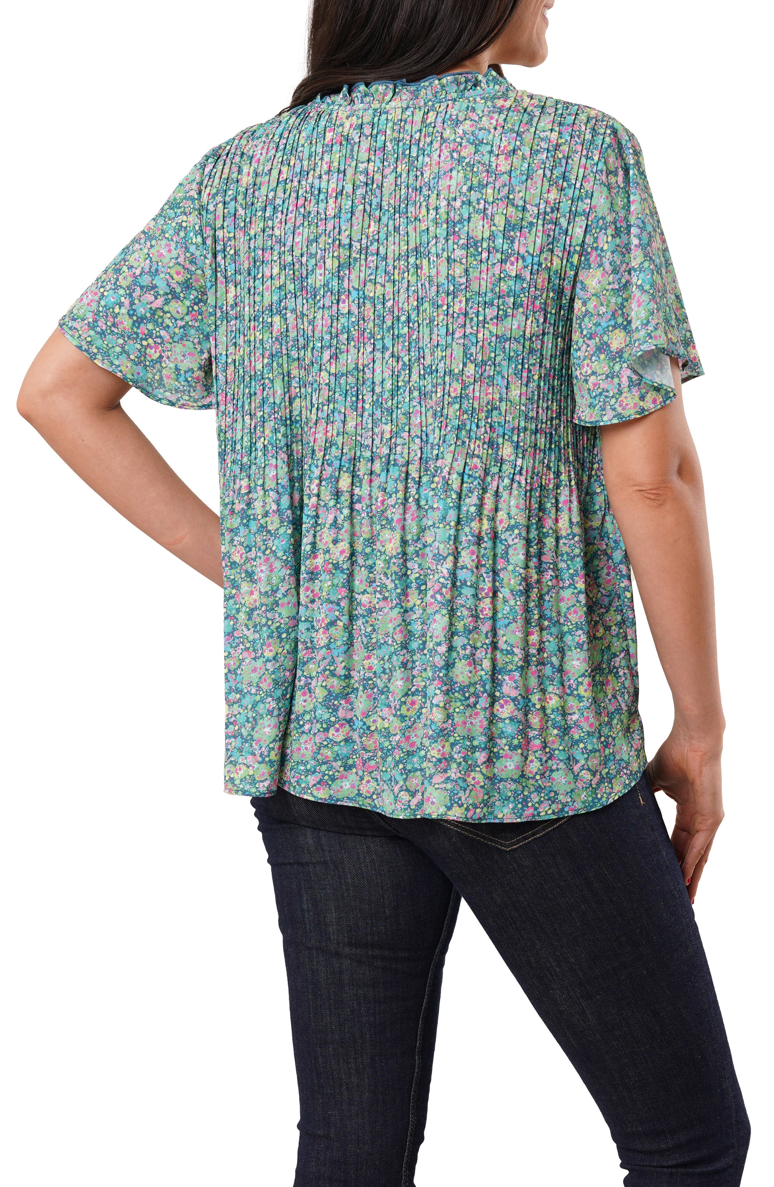 Ruffle Pleated Tie Neck Short Sleeve Top - image 2