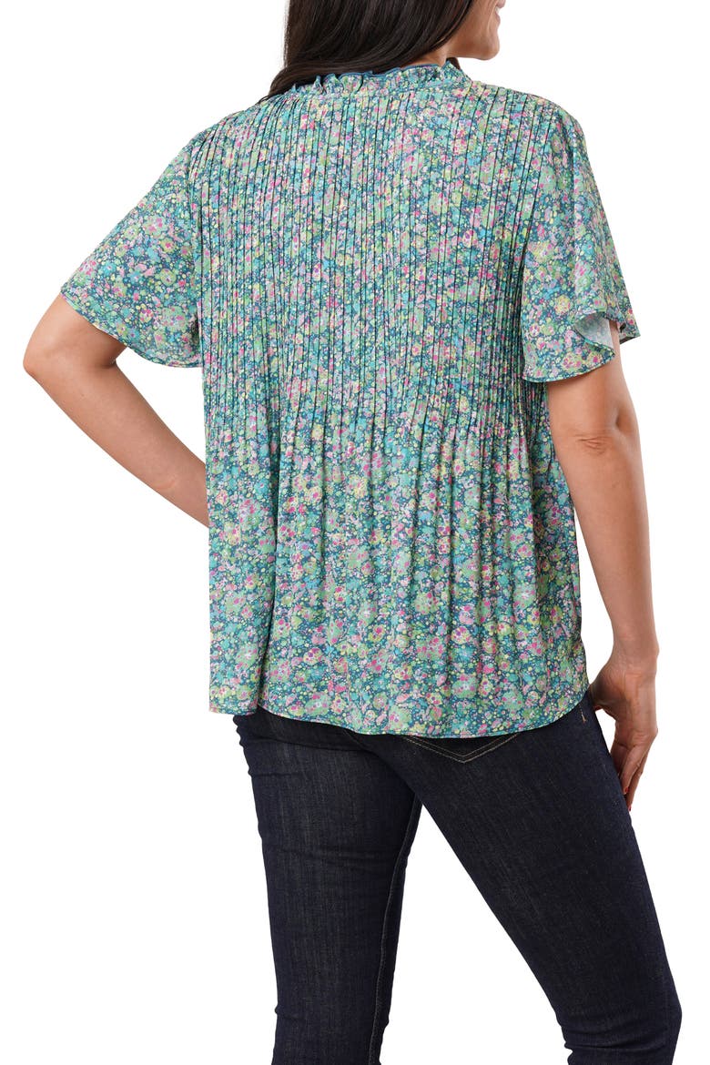 Ruffle Pleated Tie Neck Short Sleeve Top, Alternate, color, JUNIPER