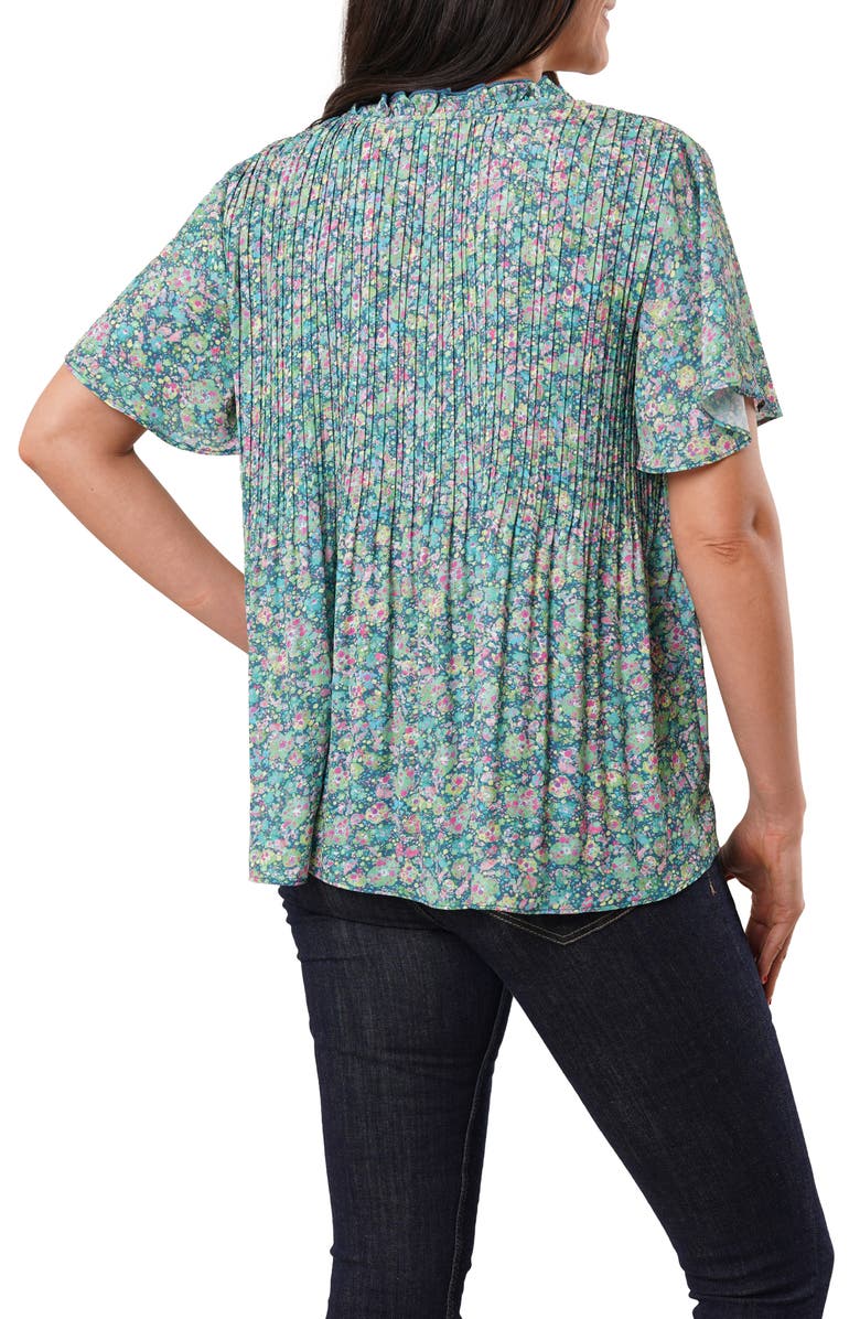 SUNNY LEIGH Ruffle Pleated Tie Neck Short Sleeve Top, Main, color, Juniper