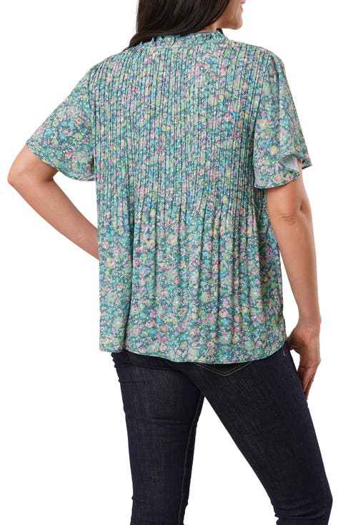 Ruffle Pleated Tie Neck Short Sleeve Top