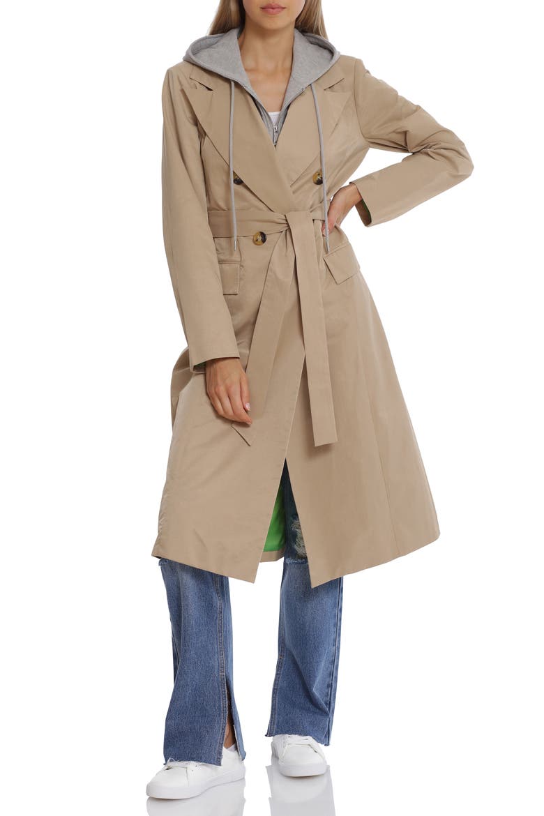 Double-Breasted Hoodie Trench Coat, Main, color, TAN