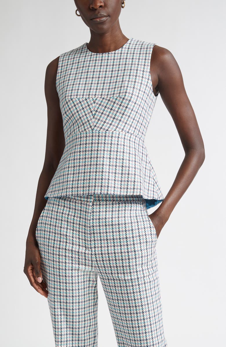ST. JOHN Houndstooth Sleeveless Stretch Cotton Top, Main, color, Tropical Blue/ Ivory Multi