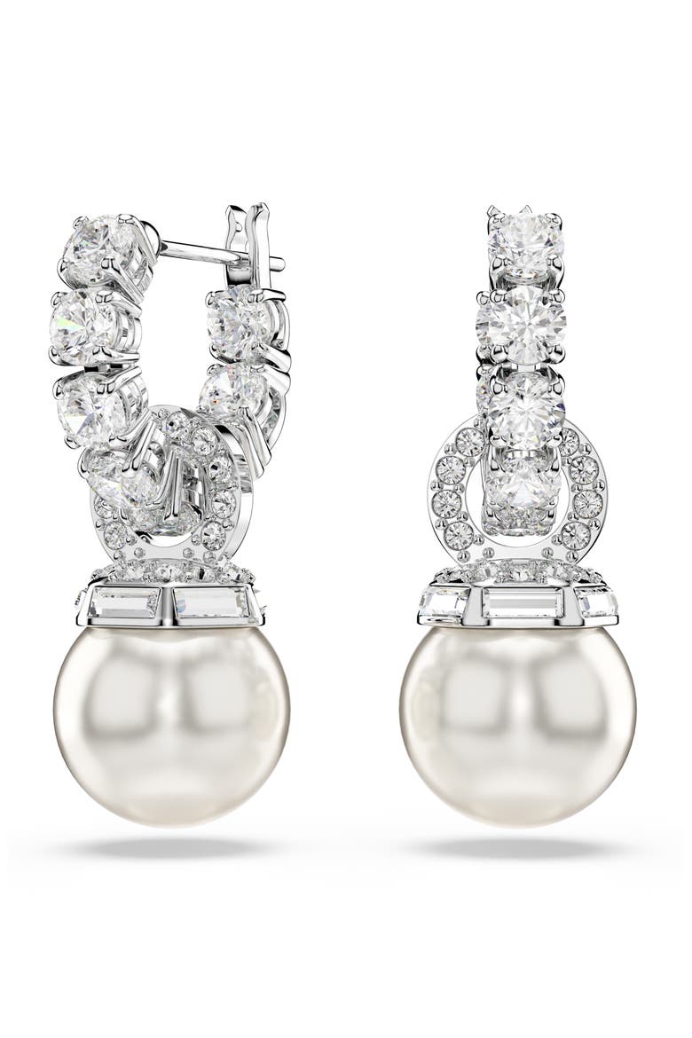 Matrix Faux Pearl Drop Crystal Hoop Earrings, Main, color, WHITE