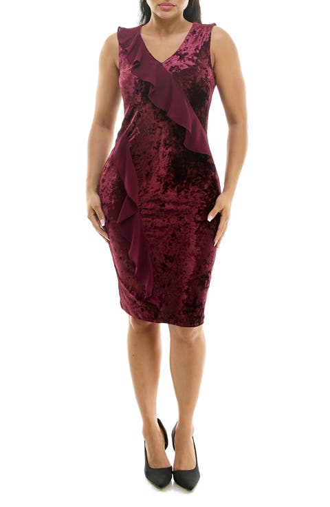 Ruffle Sleeveless Crushed Velvet Sheath Dress