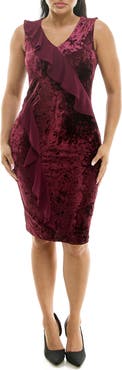 Nina Leonard Ruffle Sleeveless Crushed Velvet Sheath Dress