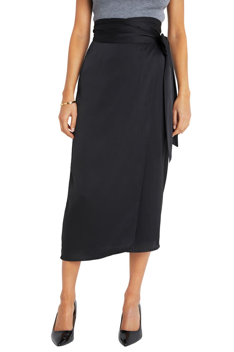 Satin Wrap Midi Skirt, Main, color, BLACK