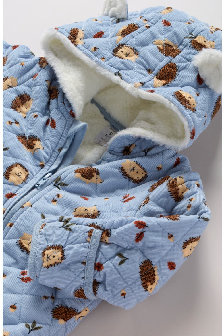 Ear Appliqué Quilted Faux Fur Lined Hooded Bunting, Alternate, color, BLUE FOG AUTUMN HEDGEHOGS