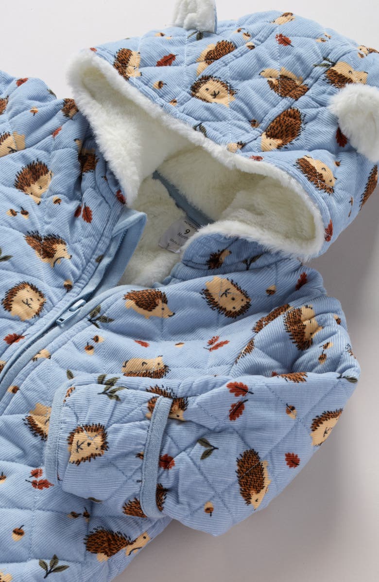 Nordstrom Ear Appliqué Quilted Faux Fur Lined Hooded Bunting, Alternate, color, Blue Fog Autumn Hedgehogs