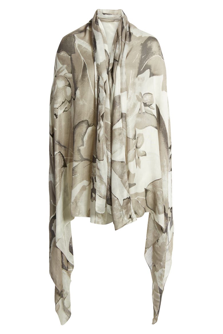 Print Scarf, Alternate, color, GREY WASHED LEAVES PRINT