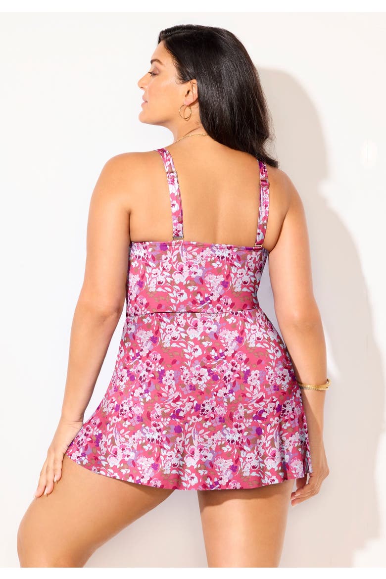 Lightweight Faux Wrap Petal Hem Swimdress, Alternate, color, Coral Blooms