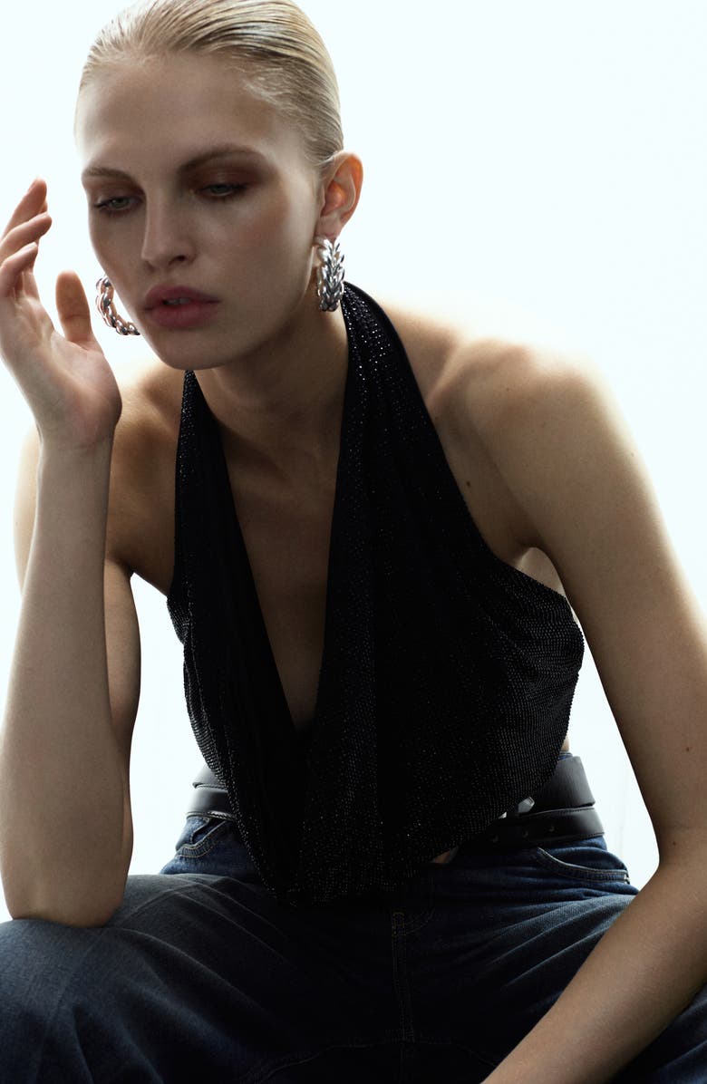 MANGO x Kaia Gerber Drape Crystal Halter Top, Alternate, color, Black