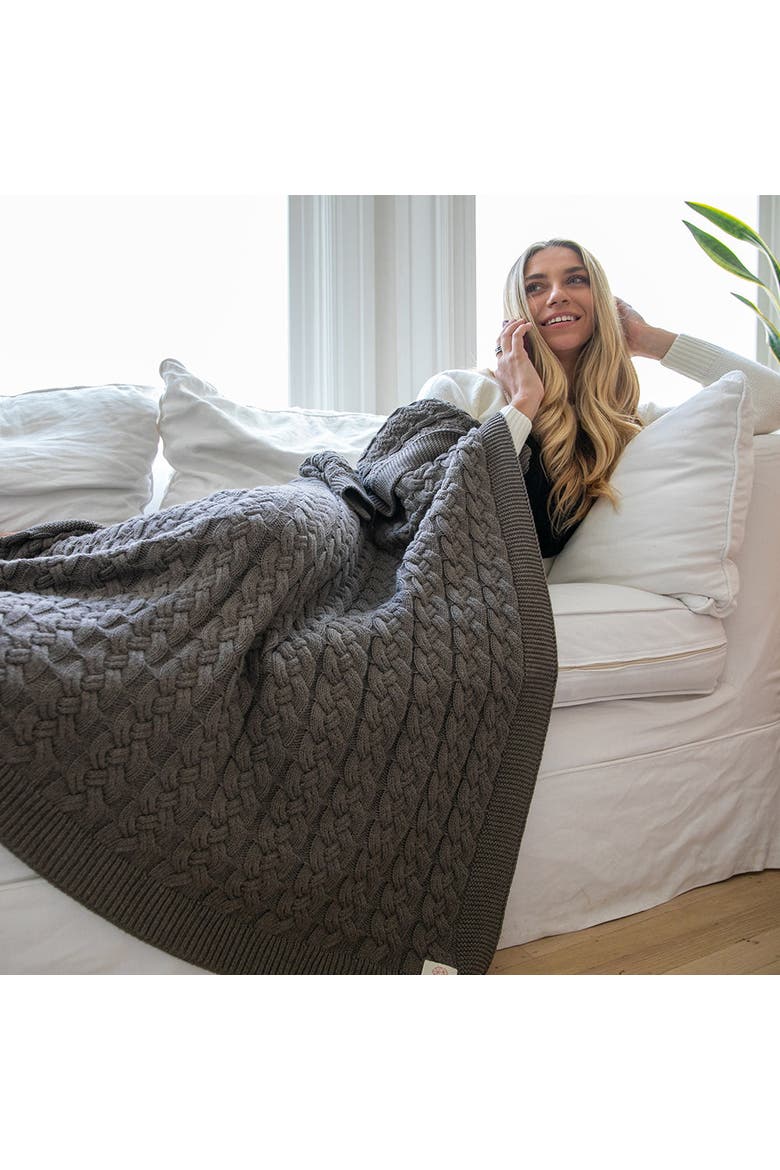 Double Cable Organic Cotton Throw Blanket, Alternate, color, Dark brown