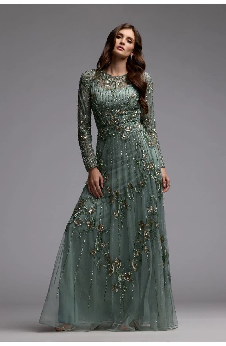 Mac Duggal Embellished Tulle Long Sleeve A Line Gown, Alternate, color, Sage