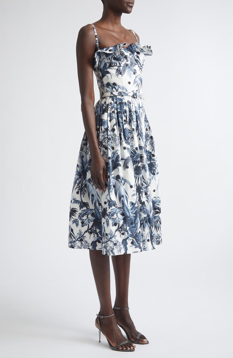 Oscar de la Renta Dotted Palm Leaves Poplin Sundress, Alternate, color, Navy/ White