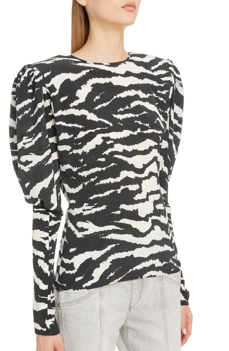 Isabel Marant Zebra Print Puff Sleeve Stretch Silk Blouse, Alternate, color, 